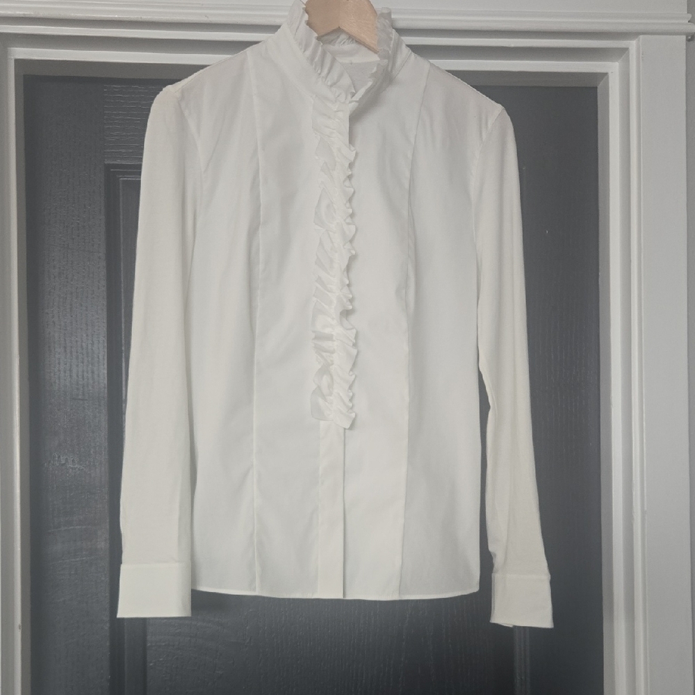 Akris Punto White Cotton Poplin And Elastane Ruffled Button Down Size 8 - Picture 2 of 16